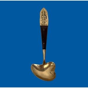 Vintage Condiment Sugar Spoon Buddha Bronze Brass Rosewood Siam Thailand 5.5”